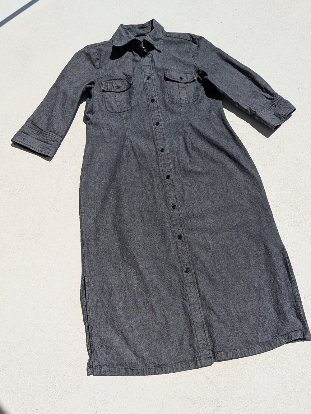 J. Peterman | Gray Denim 3/4 Length Sleeve Shirt Dress Size 12 Button Front